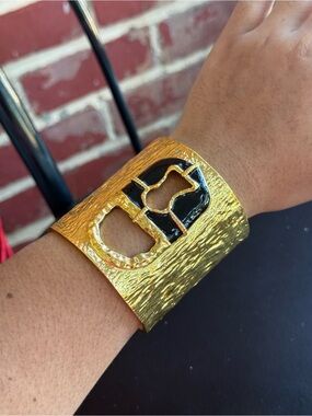 Schiaparelli Inspired Gold Textured Cuff Bracelet with Black Accent